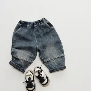 Boys Girls Winter Warm Plus Fleece Denim Jeans Korean Style Thickened Washed Long Pants For Toddler Kids Casual Clothing