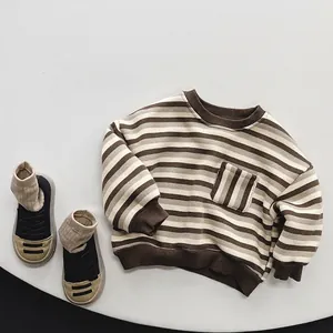 Kids warm striped fleece sweatshirt with matching casual baby shoes in earthy tones