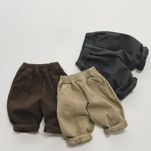 Kids Korean Style Casual Fleece Lined Trousers Boys Girls Winter Warm Solid Color Cotton Loose Soft Versatile Long Pants