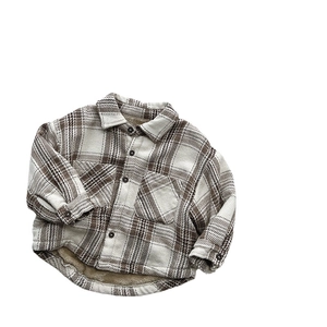 Kids plaid flannel shirt with warm fleece lining and chest pocket in brown and white