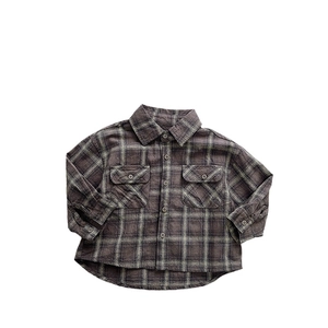 Toddler boys classic dark brown plaid long sleeve shirt with front pockets