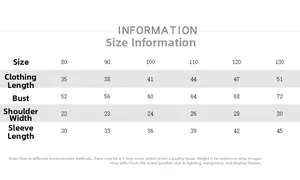 Detailed size chart for children's striped thermal top showing specific measurements