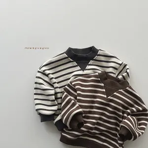 Detail of ribbed neckline and V-stitch on striped fleece sweatshirts for kids