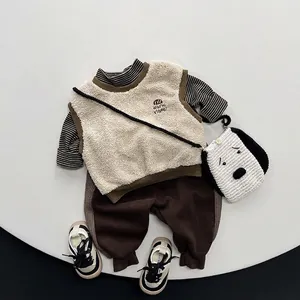 Kids warm fleece vest set with striped long sleeve shirt and corduroy pants for winter