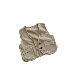 Gilet kaki in cotone per bambini con tasche e bottoni in stile minimalista giapponese