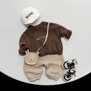 Kids warm fleece sweatshirt and beige pants set with cute bear bag and baseball cap