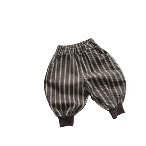 Boys brown vertical striped cotton joggers with elastic waist and ribbed ankle cuffs