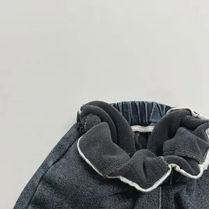 Kids warm fleece-lined blue denim pants with elastic waist and soft thermal lining