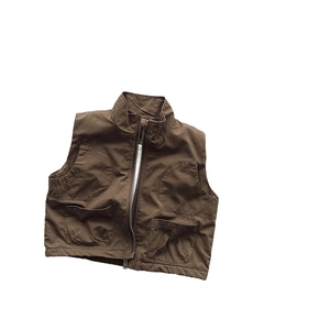 Harajuku style dark brown multi-pocket utility vest for kids with stand collar and zipper