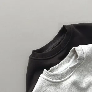 Detail of ribbed crew neck design with herringbone tape on fleece sweatshirts