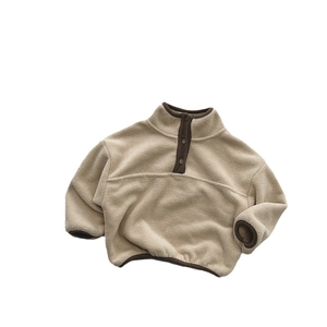 Beige soft fleece pullover for children featuring a high neck and half-button closure