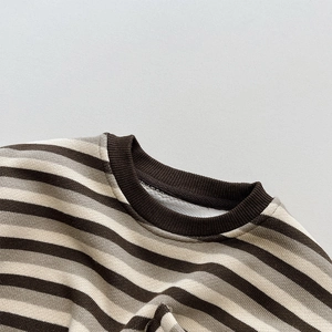 Detail of the warm fleece lining and ribbed neckline on this striped kids sweater