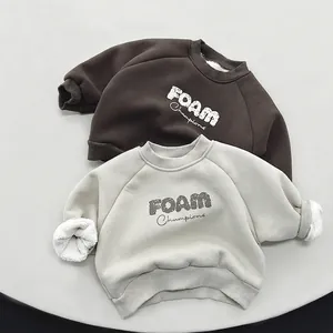 Kids Fleece Lined Sweatshirt Korean Style Cotton Warm Pullover Winter Letter Print Long Sleeve Top For Boys Girls