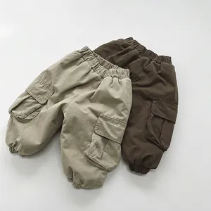 Kids Cotton Fleece Lined Cargo Pants Korean Style Thick Winter Warm Trousers Elastic Waist Casual Daily Bottoms For Boys Girls