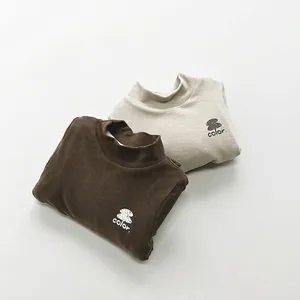 Kids warm fleece-lined high neck shirts in brown and beige with stylish chest prints