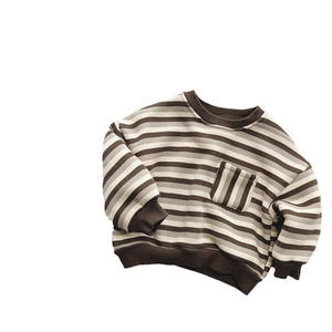 Kids vintage striped warm fleece sweatshirt with round neck and chest pocket