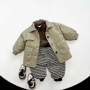 Kids' retro khaki jacket with brown turtleneck and black striped pants three-piece set