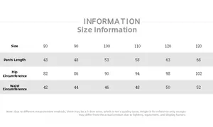 Detailed size chart for children's padded thermal pants showing length and waist measurements