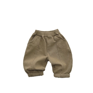 Kids minimalist khaki fleece-lined trousers with elastic waist and rolled cuffs