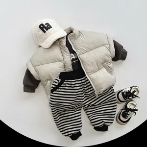 Kids warm striped joggers and quilted vest winter outfit set in minimalist Korean style