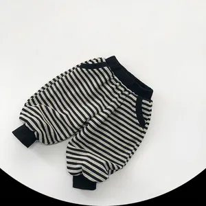 Kids Striped Pants Winter Warm Fleece Lined Casual Trousers With Ribbed Cuffs Elastic Waist For Boys Girls Thermal Sportswear