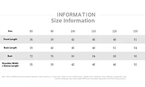 Size chart showing front and back length, bust, and sleeve for children's cotton shirt