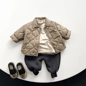 Korean style kids winter padded shirt with khaki quilted jacket and gray joggers set