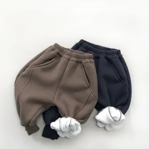Kids Winter Warm Fleece Lined Sweatpants Casual Cotton Joggers Solid Color Elastic Waist Ribbed Cuffs Trousers Boys Girls
