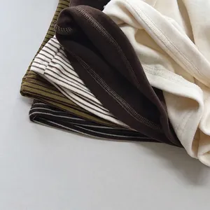 Kids warm fleece-lined striped thermal shirts in ivory, coffee and green knit fabric