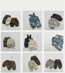 Collage of kids casual pants including cargo joggers and denim overalls in neutral tones
