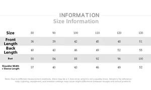 Size chart for children vertical striped shirt with measurements for ages 80 to 130