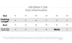 Detailed size chart for children's cotton shirt showing lengths and chest measurements