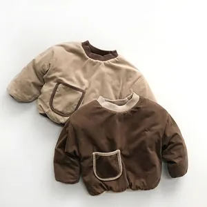 Korean Style Kids Quilted Cotton Top Winter Thickened Warm Long Sleeve Pullover Boys Girls Casual Solid Color Pullover