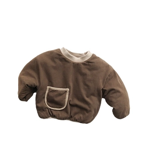 Brown padded long-sleeve cotton sweatshirt with beige collar and pocket for toddlers