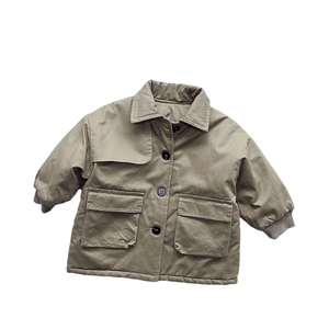 Kids olive green cotton trench coat with military pockets and ribbed cuffs