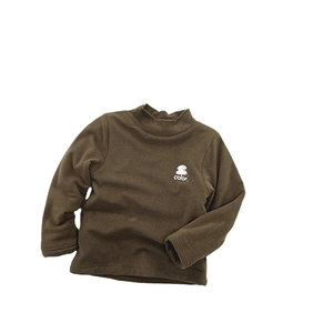 Kids warm fleece mock neck top in dark green with cute mushroom print for winter