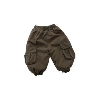Boys fleece lined cargo pants in dark brown with elastic waist and large side pockets