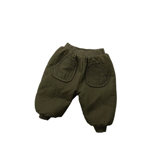Quilted warm children pants in olive green with ribbed cuffs and two front patch pockets