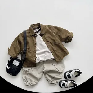 Kids Korean style outfit with olive brown shirt, white T-shirt and grey cargo pants