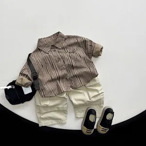 Kids brown vertical striped shirt set with beige cargo shorts and casual sneakers
