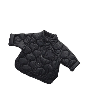 Kids black quilted jacket with unique heart pattern and shirt collar for winter wear