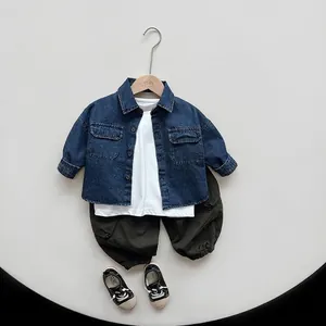 Kids denim shirt with white T-shirt and green cargo pants for spring outfits