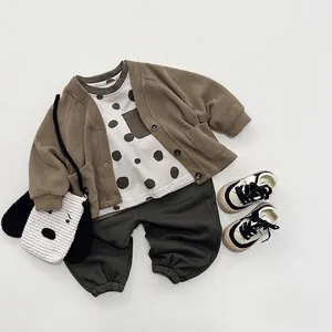 Kids vintage brown cardigan outfit with white polka dot tee and green joggers set
