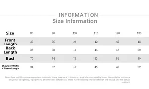 Detailed sizing information chart for kids sports T-shirt showing length and chest measurements