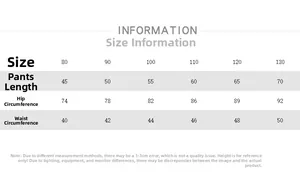 Size information chart for kids casual trousers with waist and hip measurements