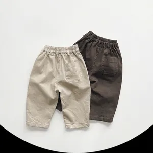 Kids minimalist cotton casual pants in beige and dark brown with elastic waist
