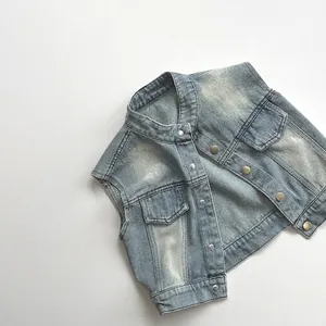Gilet en Jean Rétro pour Enfants en Coton Bleu Lavé Sans Manches Gilet Décontracté à Boutons avec Poches pour Garçons Filles Tout-petit