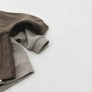 Harajuku style kids retro knit cardigan in brown and grey waffle fabric for boys and girls