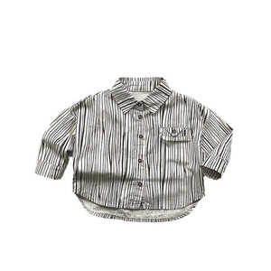 Children's vertical striped long sleeve shirt with front pocket and button closure