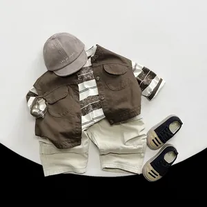 Vintage striped long sleeve T-shirt and beige cargo shorts set for kids outfit